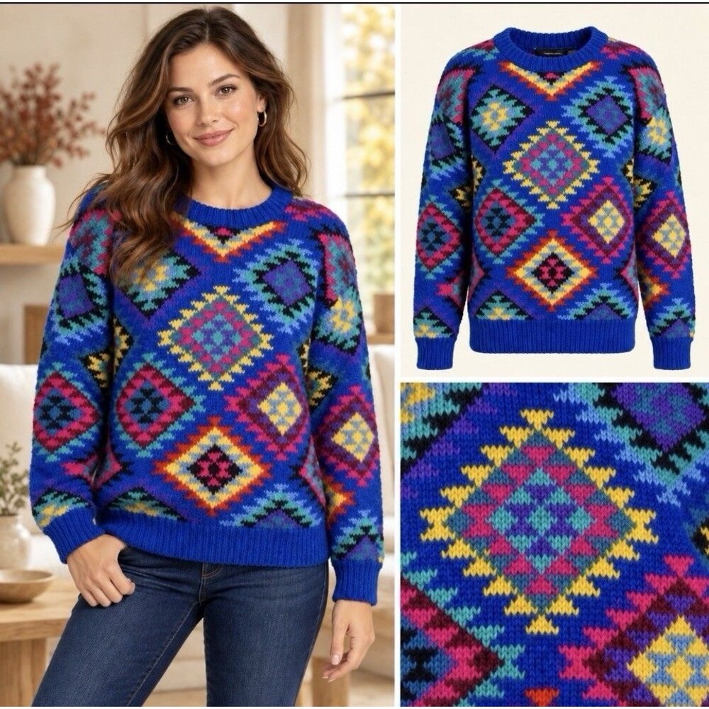 VTG 80s 90s Nordstrom Point of View Hand Knit 100% Wool Aztec Sweater Women S